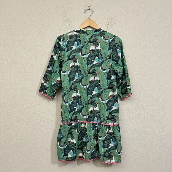 NWOT MARY MARSHMALLOW Tiered Mini Dress Henley in Green Palm Print - Picture 6 of 11